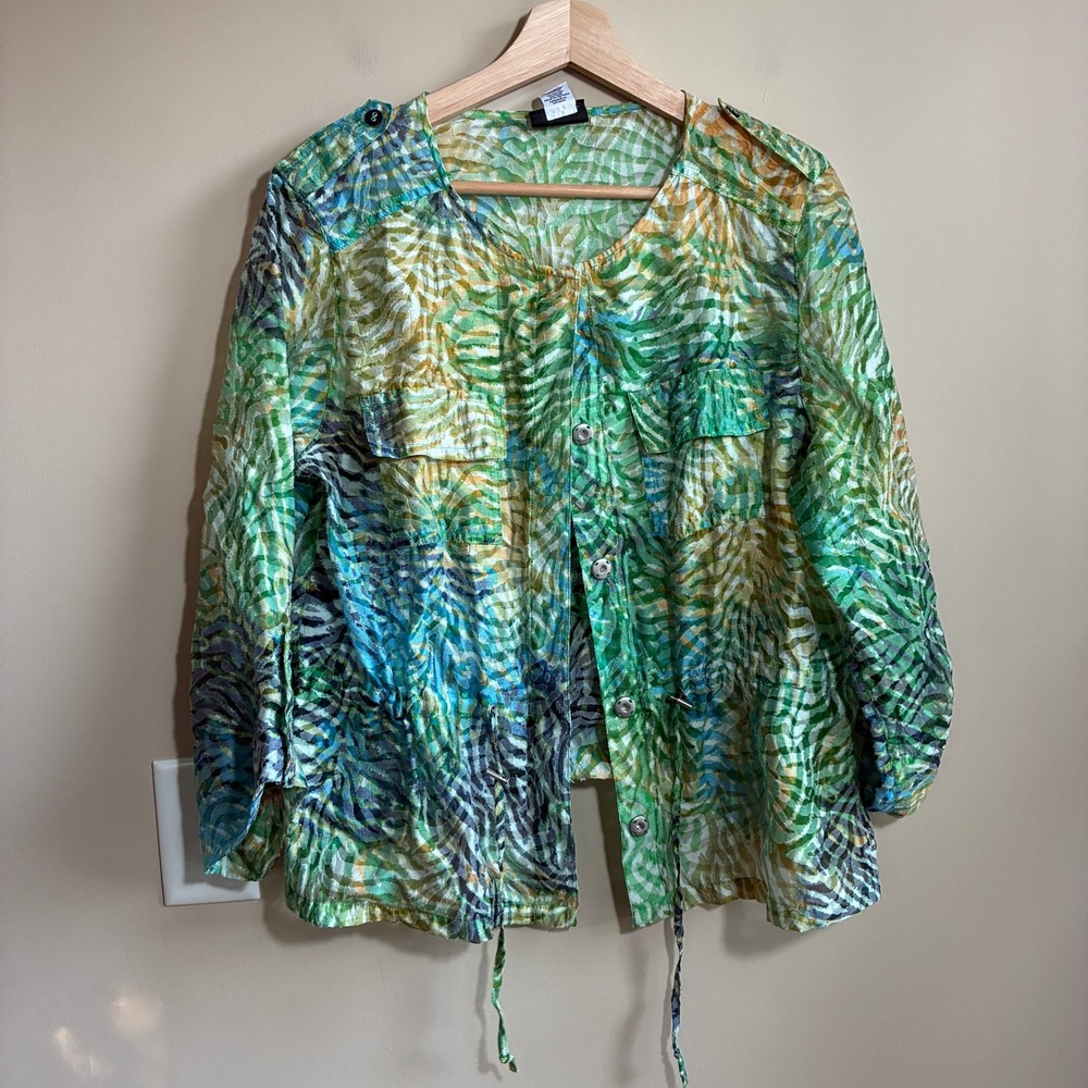 Lark Lane Abstract Print Utility Jacket 12 Green Multi Womens Drawstring Rayon